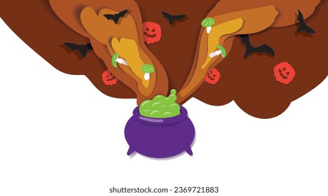 Paper cutout style party poster, pumpkins, green Amanita Muscaria, bats, potion cauldron, layered shadow vector illustration of Halloween invitation, invitation card for October 31st