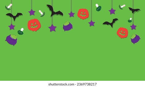 Paper cutout style party poster, pumpkins, green Amanita Muscaria, bats, purple stars, layered shadow. Vector illustration of Halloween invitation, invitation card for October 31st