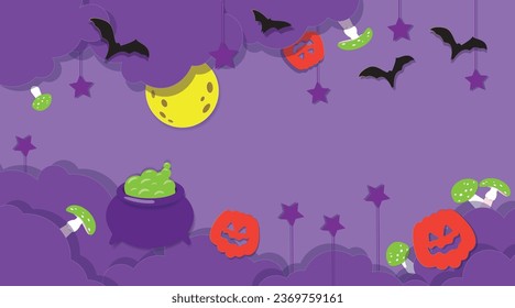 Paper cutout style party poster, pumpkins, green Amanita Muscaria, bats, purple stars, full moon, layered shadow. Vector illustration of Halloween invitation, invitation card for October 31st