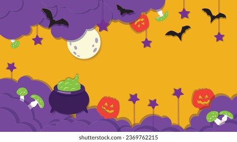 Paper cutout style party poster, pumpkins, green Amanita Muscaria, bats, purple stars, full moon, layered shadow. Vector illustration of Halloween invitation, invitation card for October 31st