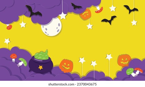 Paper cutout style party poster, pumpkins, green Amanita Muscaria, bats, purple stars, full moon, layered shadow. Vector illustration of Halloween invitation, invitation card for October 31st