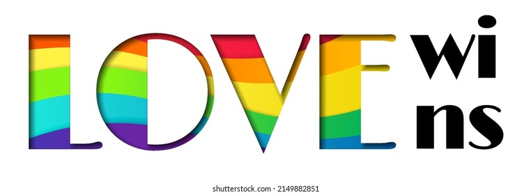 Paper cutout style rainbow LOVE WINS lettering isolated on white background
