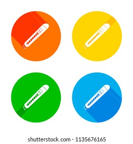 Paper cutter icon. Flat white icon on colored circles background. Four different long shadows in each corners
