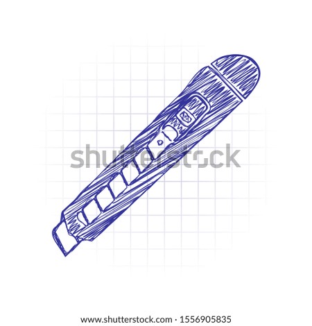Paper cutter icon. Hand drawn sketched picture with scribble fill. Blue ink. Doodle on white background