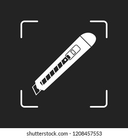 Paper cutter icon. White object in camera autofocus on dark background