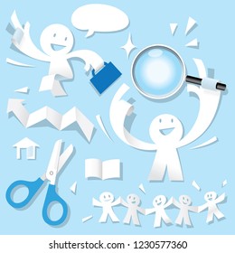 Paper Cutting art featuring cute caricature people holding a magnifier and going to work, happy holding hand together, home, arrow, book…