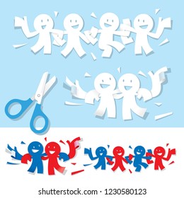 Paper Cutting art featuring cute caricature people good friend holding hand happy together. With optional red and blue version.