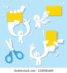 Paper Cutting art featuring cute caricature people holding a giant yellow message card while pointing to it with 2 option pose.