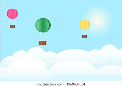 paper cutting ballon and clouds on sky background vector.