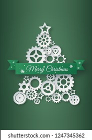 Paper cutting of Christmas tree from gears and cogs. Vector and illustration. Paper art and Origami.