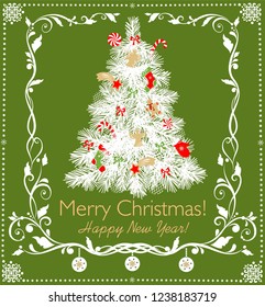 Paper cutting Christmas white tree with sweets, candy, angels, star and gingerbread, paper handmade snowflakes and decorative floral frame. Greeting flat card for winter holiday