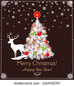 Paper cutting Christmas white tree with red green toys and golden candle, paper handmade snowflakes and reindeer. Greeting card for winter holiday