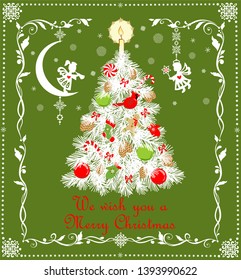Paper cutting Christmas white tree with red green toys and golden candle, paper handmade snowflakes and hanging little angels. Greeting card for winter holiday