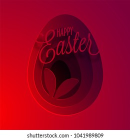 Paper cutting design with bunny ears and text, red background.