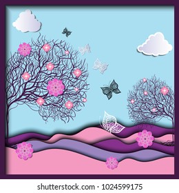 Paper cutting effect. Realistic vector background. Abstract tree blossom, flower, butterfly and cloud. 3d paper layers. Vector template for banner, card, flyer, poster.