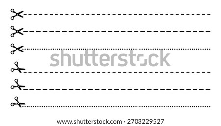 Paper cutting line. Dotted coupon border with scissors icon. Dashed strip for school templates, tickets, and labels.