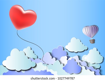 Paper cutting realistic vector illustration with heart shaped hot air balloon and clouds.