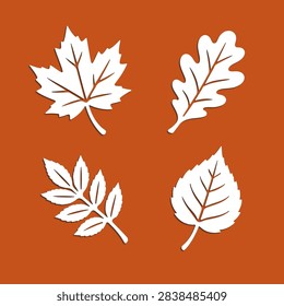 Paper cutting set with maple leaf, oak leaf and other tree leaves. Simple flat silhouette vector art in paper cut craft style.