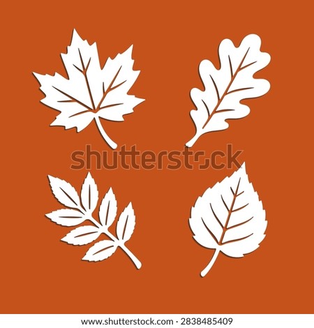 Paper cutting set with maple leaf, oak leaf and other tree leaves. Simple flat silhouette vector art in paper cut craft style.