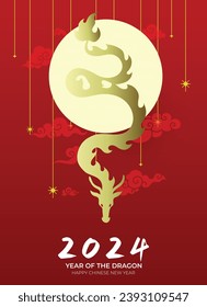 Paper cutting style asian dragon silhouette on a red background with stars and full moon. Year of the dragon 2024 greetings minimalist card.