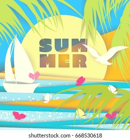 Paper cutting summer background. Coast with palms, yacht, flying seagull and butterflies
