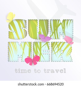 Paper cutting summer background. Summer typography, multiple exposure. Palm leaves and butterflies, plane shadow