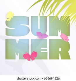 Paper cutting summer background. Summer typography, multiple exposure. Palm leaves and butterflies, plane shadow