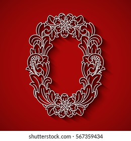 Paper cutting, white letter "O". Red background. Floral ornament, balinese traditional style.