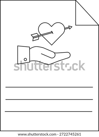 A paper depicts a hand proffering a heart pierced by an arrow above horizontal lines with a folded top corner