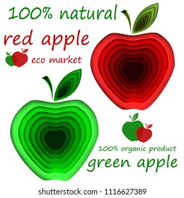 Paper design. 3D cut green and red Apple. Healthy diet. Text. Stock vector.
