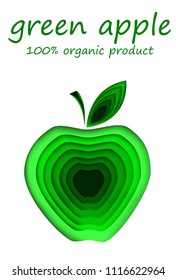 Paper design. 3D green Apple on a white background. Healthy food, natural product. Text. Stock vector.
