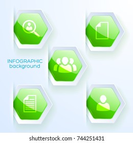 Paper design for business infographic with five green hexagon icons on theme team work strategy flat vector illustration