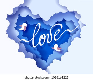 Paper design with clouds in heart shape. Paper art craft style. 3d Valentine's day vector illustration.