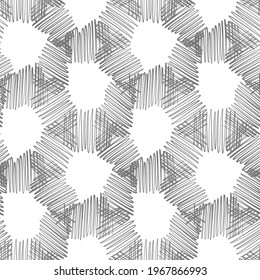 For paper design. Grunge texture. White background. Seamless geometric texture. Line art seamless pattern with hand. Hexagon grid.