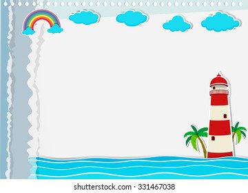 Diseño de papel con ilustración de faro y océano