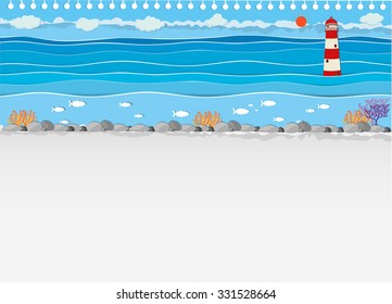 Diseño de papel con ilustración de faro y océano