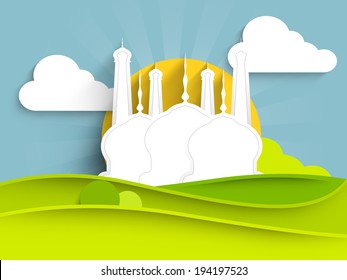 Paper design of a mosque on beautiful morning nature background for holy month of muslim community Ramadan Kareem.