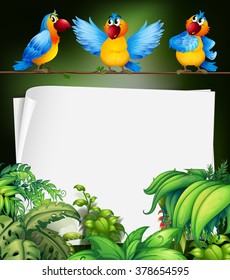 Paper design with three parrots on branch illustration