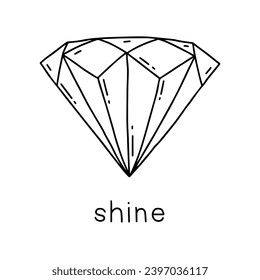 Paper diamond folded from origami. Gemstone with the inscription shine. Graphic print. Vector hand drawn illustration.