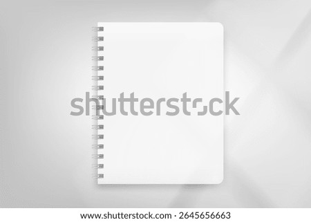 Paper diary on bright background with window light. 3d vector mockup