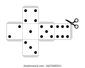 Paper dice template with scissors cutting marks vector illustration. Dice model blueprint design handcraft cutout to make three-dimensional playing cube.
