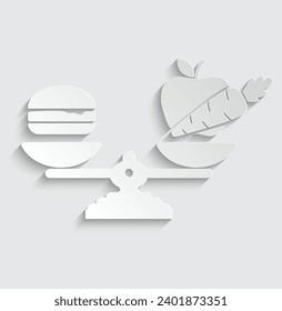 paper diet icon vector balanced diet scale with hamburger carrot and apple