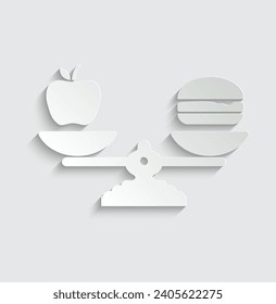 paper diet icon vector balanced diet scale with hamburger and apple