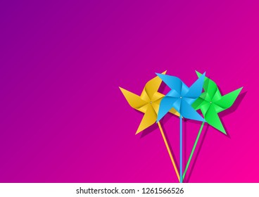 Paper different colors windmills isolated on purple gradient background. Vector Illustration