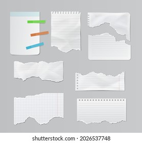 Paper different scraps set, realistic ripped page pieces, notes and sheets empty memos, office scrapbook and copybook stickers. 3d vector illustration