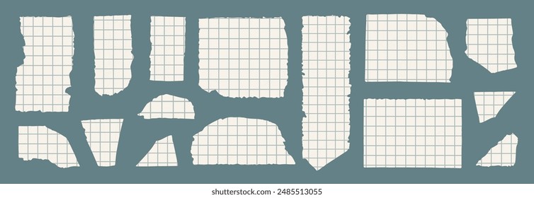 Paper different scraps set,torn off pieces of checkered paper, ripped page piece. Realistic torn note paper page, Vector illustration