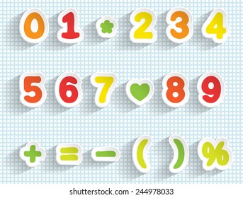 Paper digits and math signs. Handmade font. Easy to change color. Transparent editable shadows. Smartly grouped and layered.