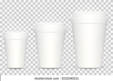 Paper disposable coffee cups of various sizes: large, medium, small on a transparent checkered background. Set of realistic vector illustrations of package. Empty cup template for any drink design.