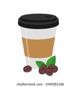 paper disposable cup coffee beans and leaves vector cartoon illustration isolated on white background