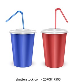 Paper disposable cup with lid and drinking straw for cold beverage -soda, ice tea, cocktail, milkshake, juice. Vector format